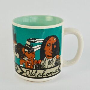 Vintage Oklahoma American Indian Coffee Mug Teal Blue